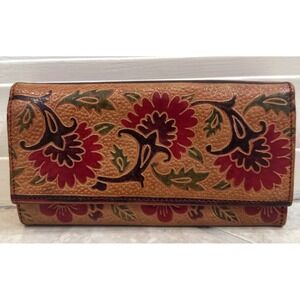 VTG Leather Western Floral Tooled Brown Painted Long Wallet Cowgirl Boho Hippie
